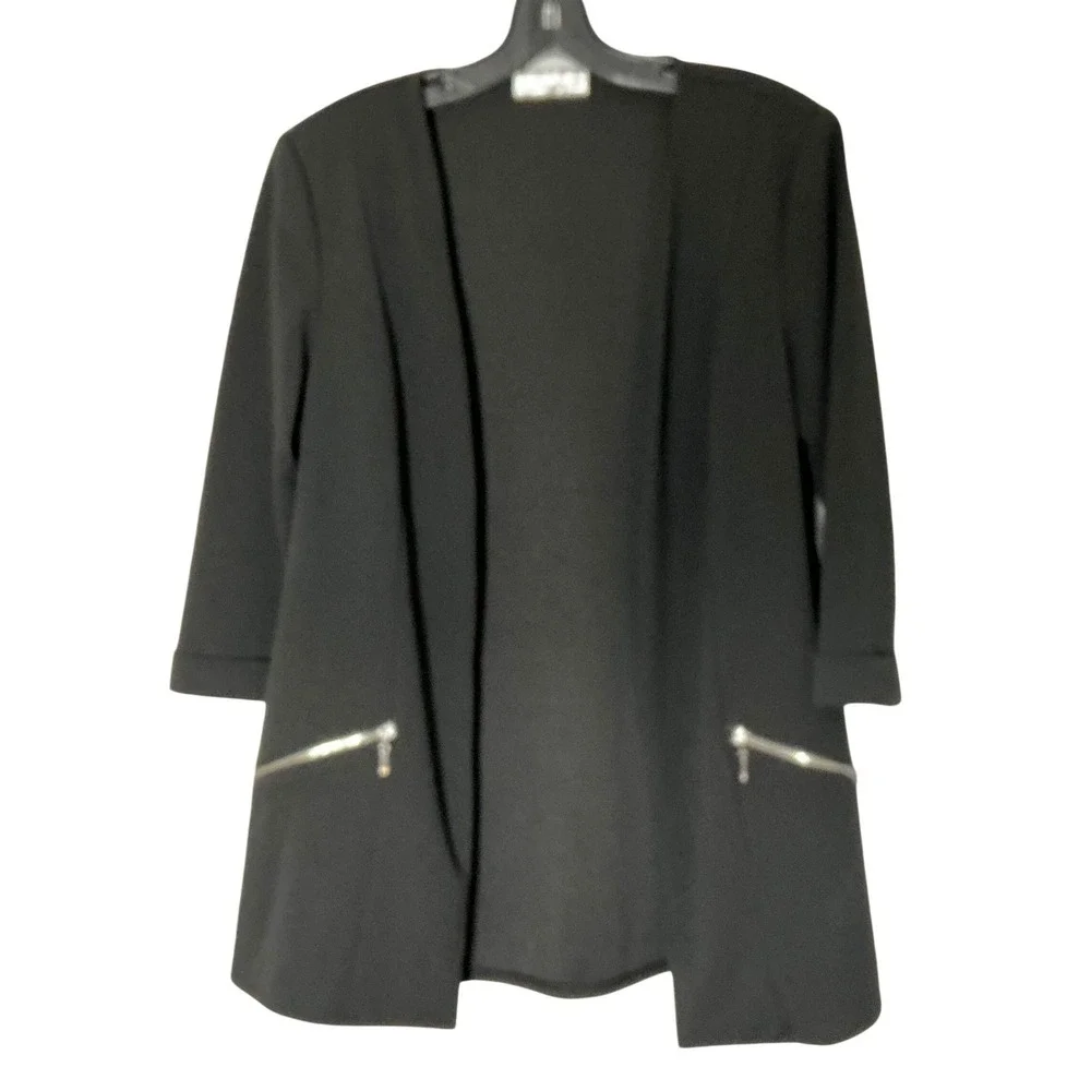 89th‎ + Madison Womens Black Open Front Blazer 3/4 Sleeve Zipper Pockets Size S